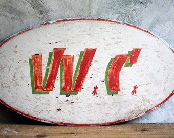 Large Mid Century WC Sign French Diner Style Hand Painted Oval Domed Atomic Era Toilet Door Plaque 1950's W.C.