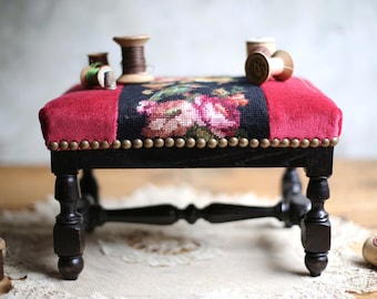 French Antique Embroidered Wooden Foot Stool Floral Needlepoint ...