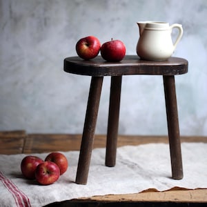 Primitive French Milking Stool Wabi Sabi Rustic MilkMaid Stool Rustic Wooden Bench Three Legged Farmhouse Side Table Antique Oak Footstool