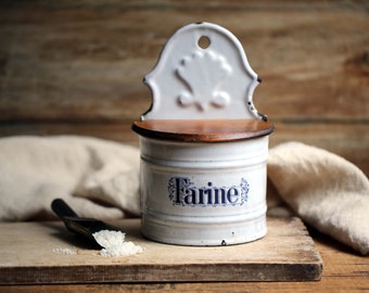 Antique French White Enamel Flour Storage Box/Cellar/Kitchen Canister With Wooden Lid