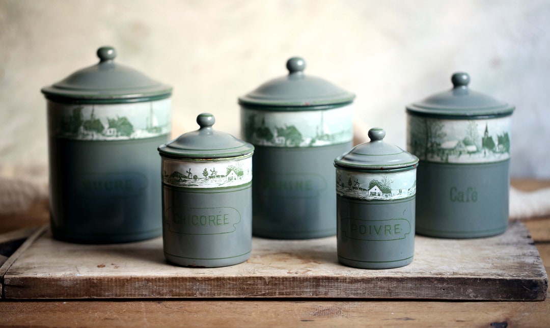 5 Antique Enamel Canisters Vintage Green Enamel Canister Set Enamelware
