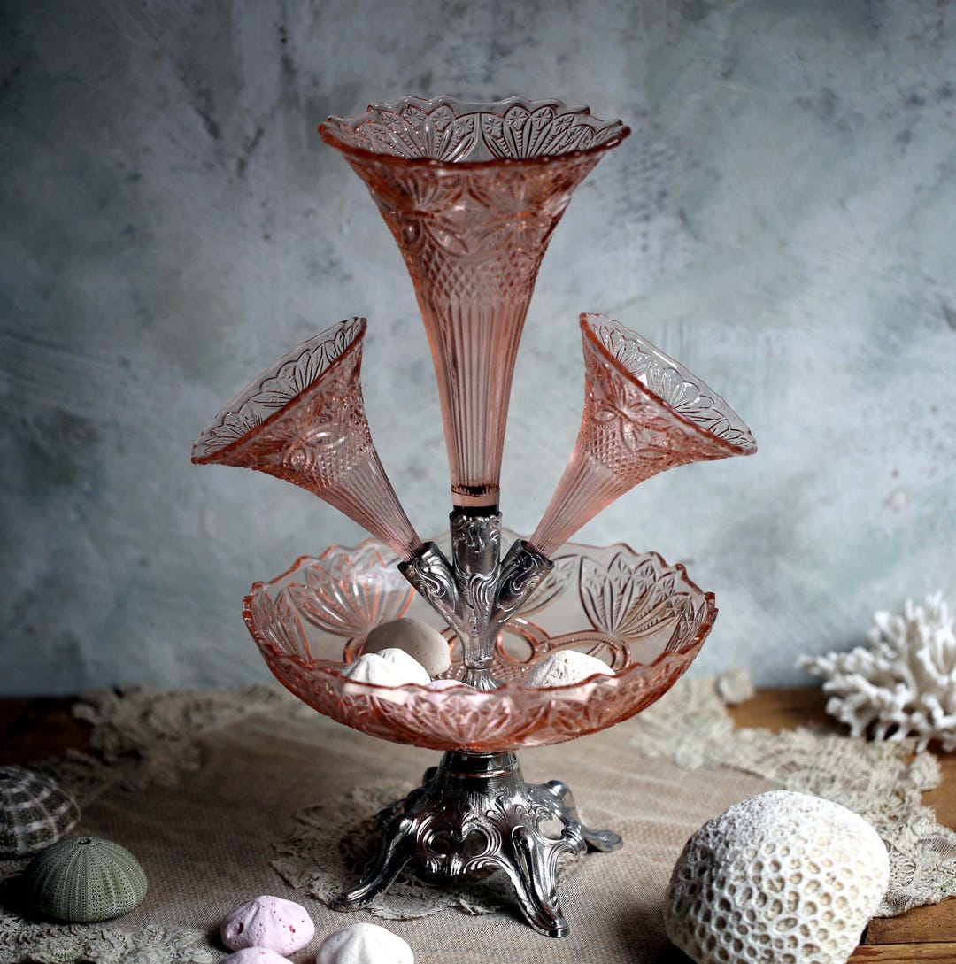 Antique Epergne Centerpiece French Pink Glass Dish Rococo Trumpet Vases ...