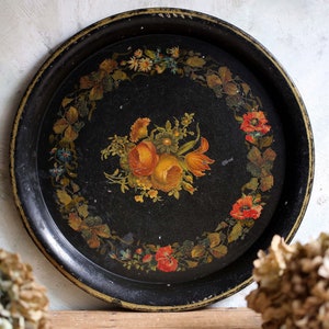 Antique Toleware Tray Black French Round Metal Tole Drinks Tray Barware Bistro Decoupage Roses