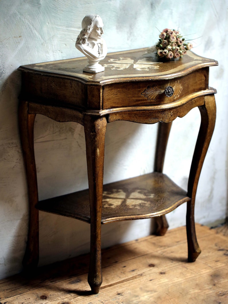 Florentine Console Nightstand/Dresser Wooden Bedside Cabinet Italian Vintage White & Gold image 1