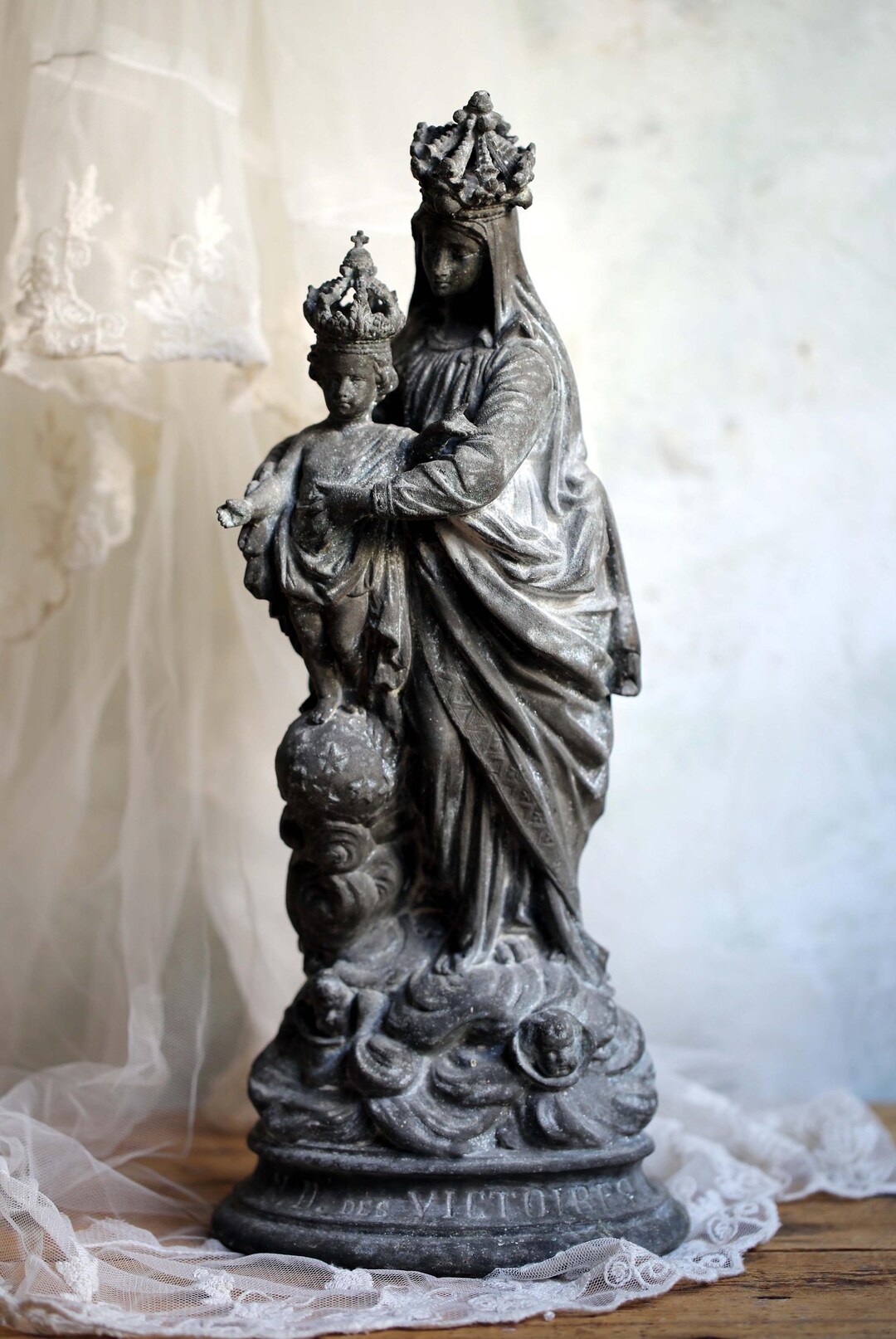 Antique Virgin Mary Statue Spelter French Notre Dame Des Victoires ...