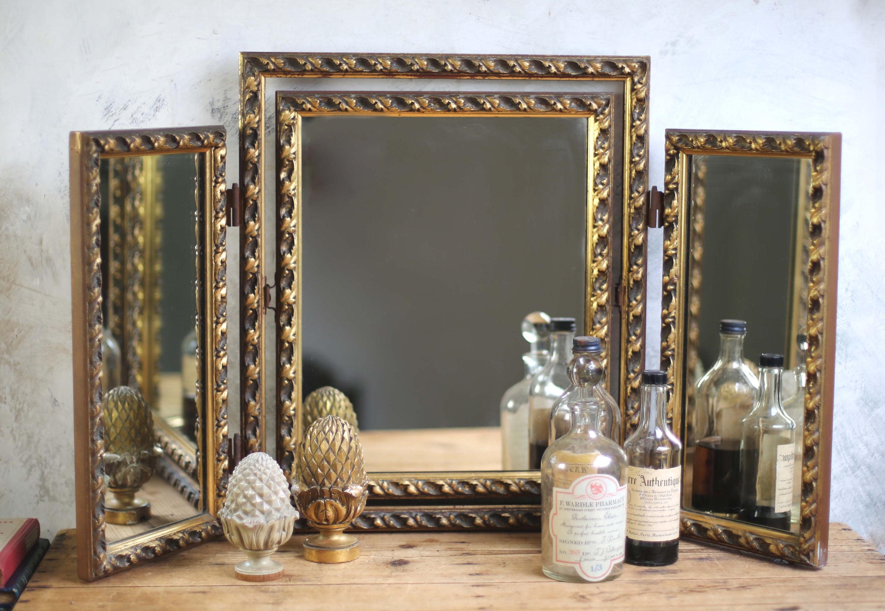 Folding Vanity Mirror French Trifold Triptych Dressing Table Gold