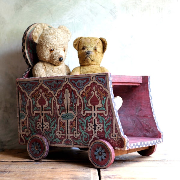 Antique Wooden Child's Cart Indian Folk Art Wooden Toy Hand Painted Childs Car Shop Window Display