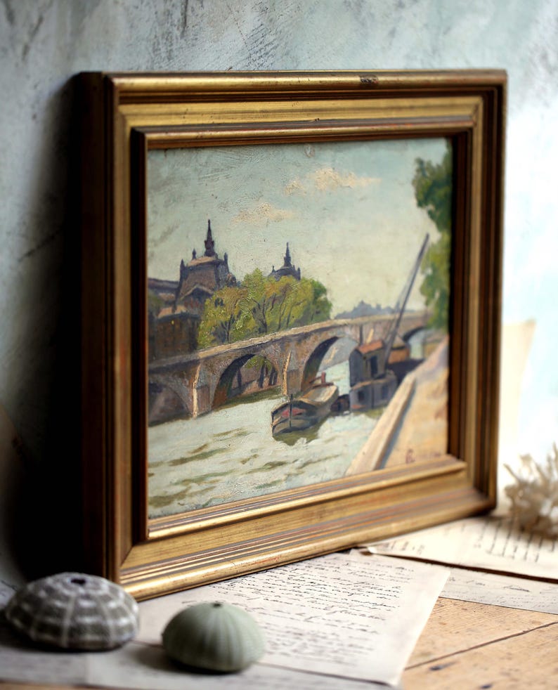 Antique Oil Painting by Henri Grandjean Barge on the Banks of the Seine