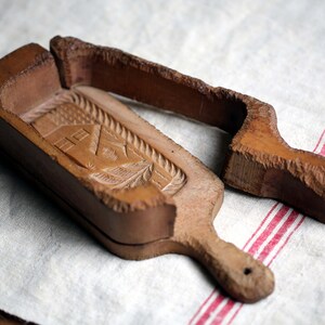 Primitive Butter Mold Antique French Hand Carved Hinged Wooden Mould