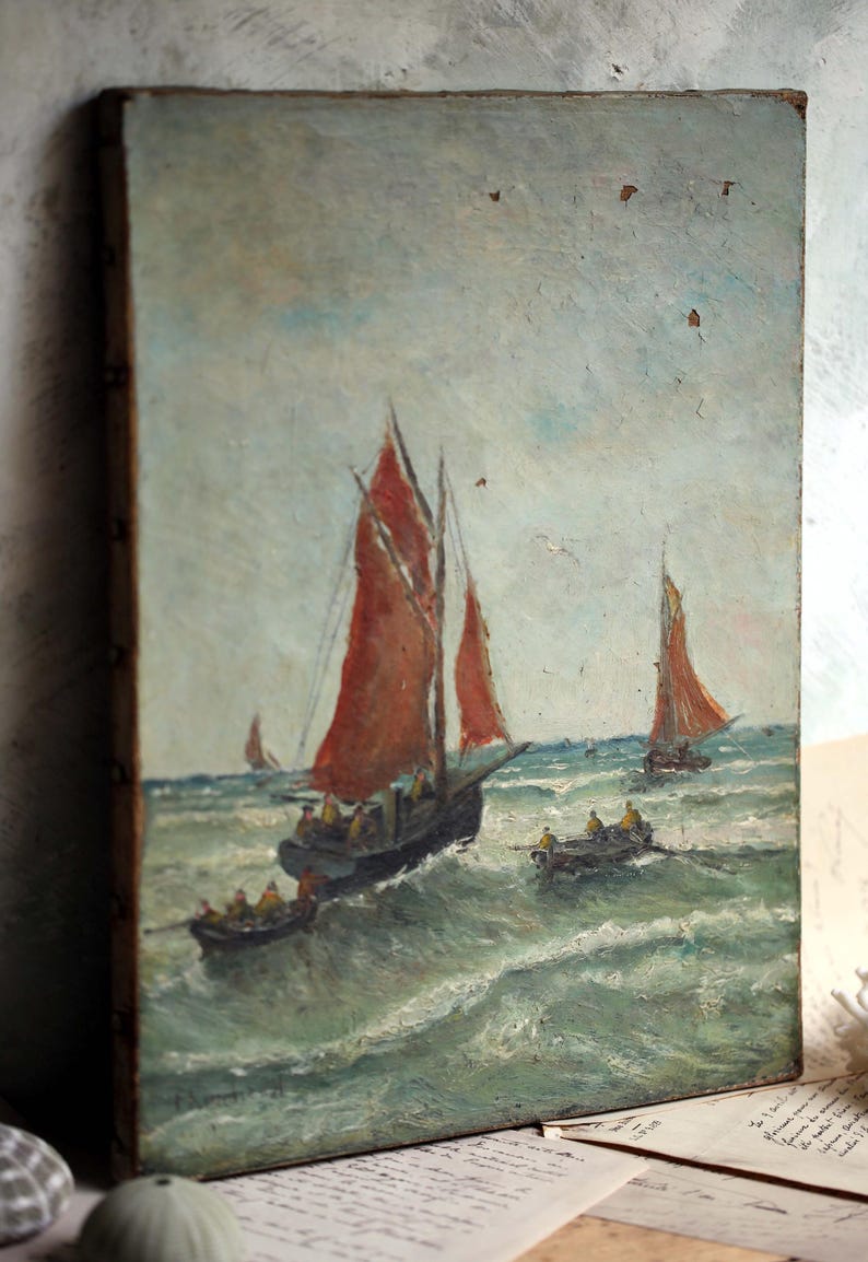 Antique Oil Painting French Seascape Fishing Boats Costal Landscape F