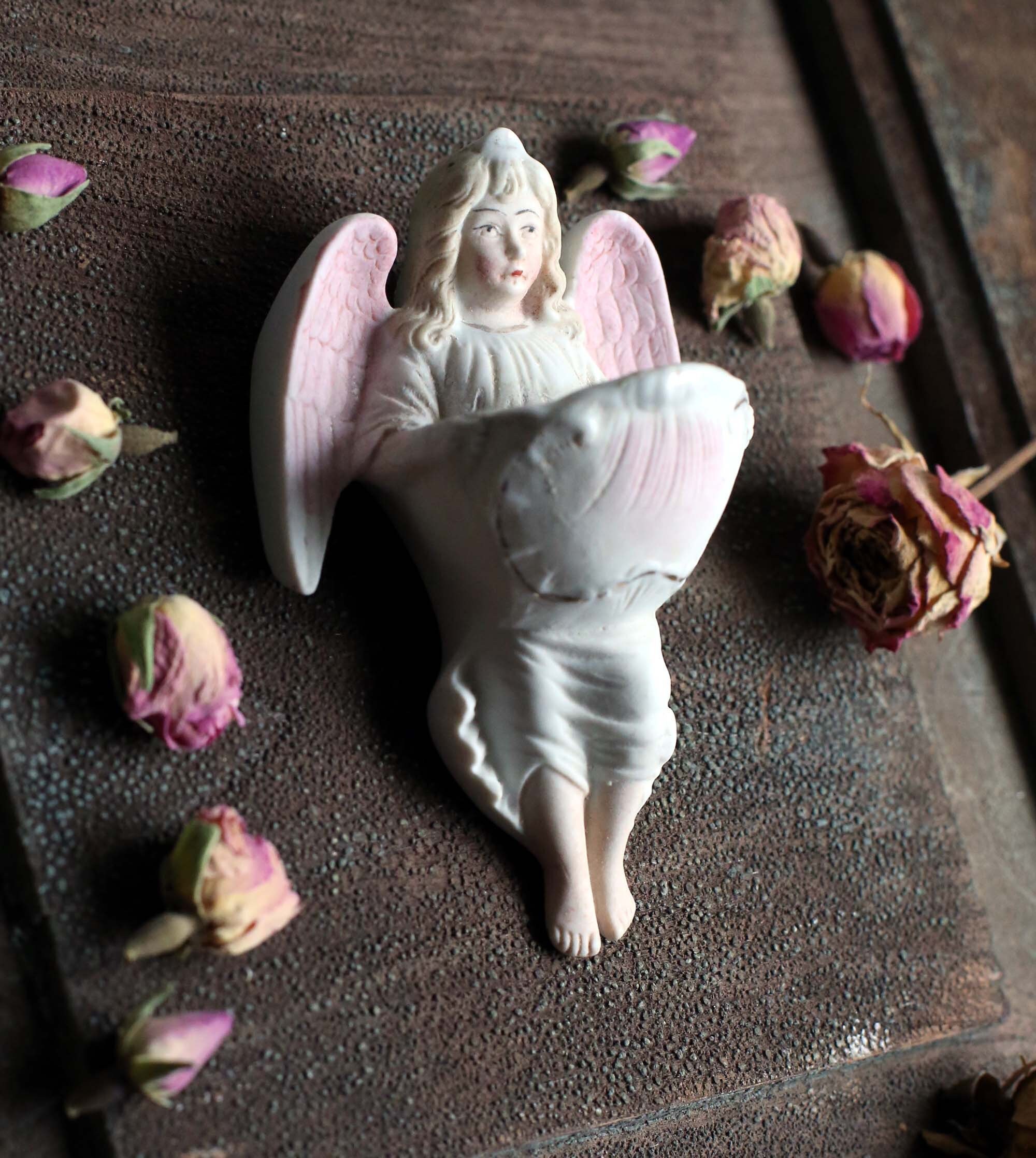 Antique Angel Font Benitier Français Porcelaine Winged Statue Religieuse Murale Sanctuaire