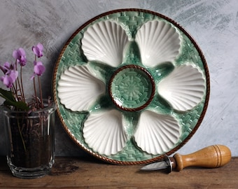 Antique Oyster Serving Plate French Green & White Majolica Basket Design Longchamp
