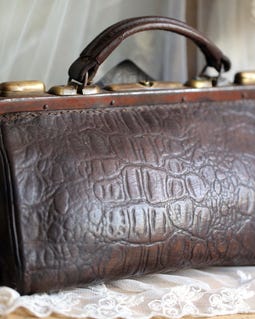 Antique French Leather Doctor Bag Brown Battered Old Frame Handbag 