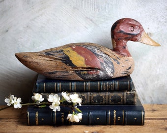 Antique French Decoy Duck Primitive Wooden Bird Lure Distressed Carved Folk Art Bird Statue Desk Ornament