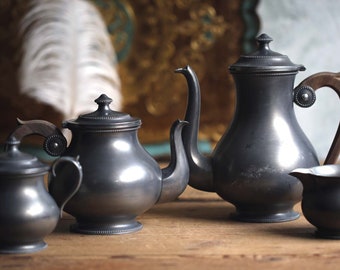 Antique French Pewter Coffee Set Tea Service Creamer Sugar Bowl Teapot Regency Style