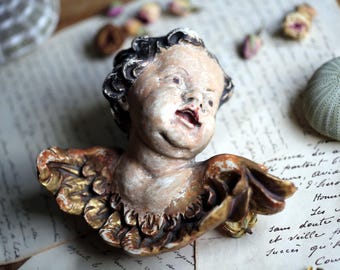 Wall Plaque Gilded Winged Cherub Bas Relief Cupid Renaissance Style Putti
