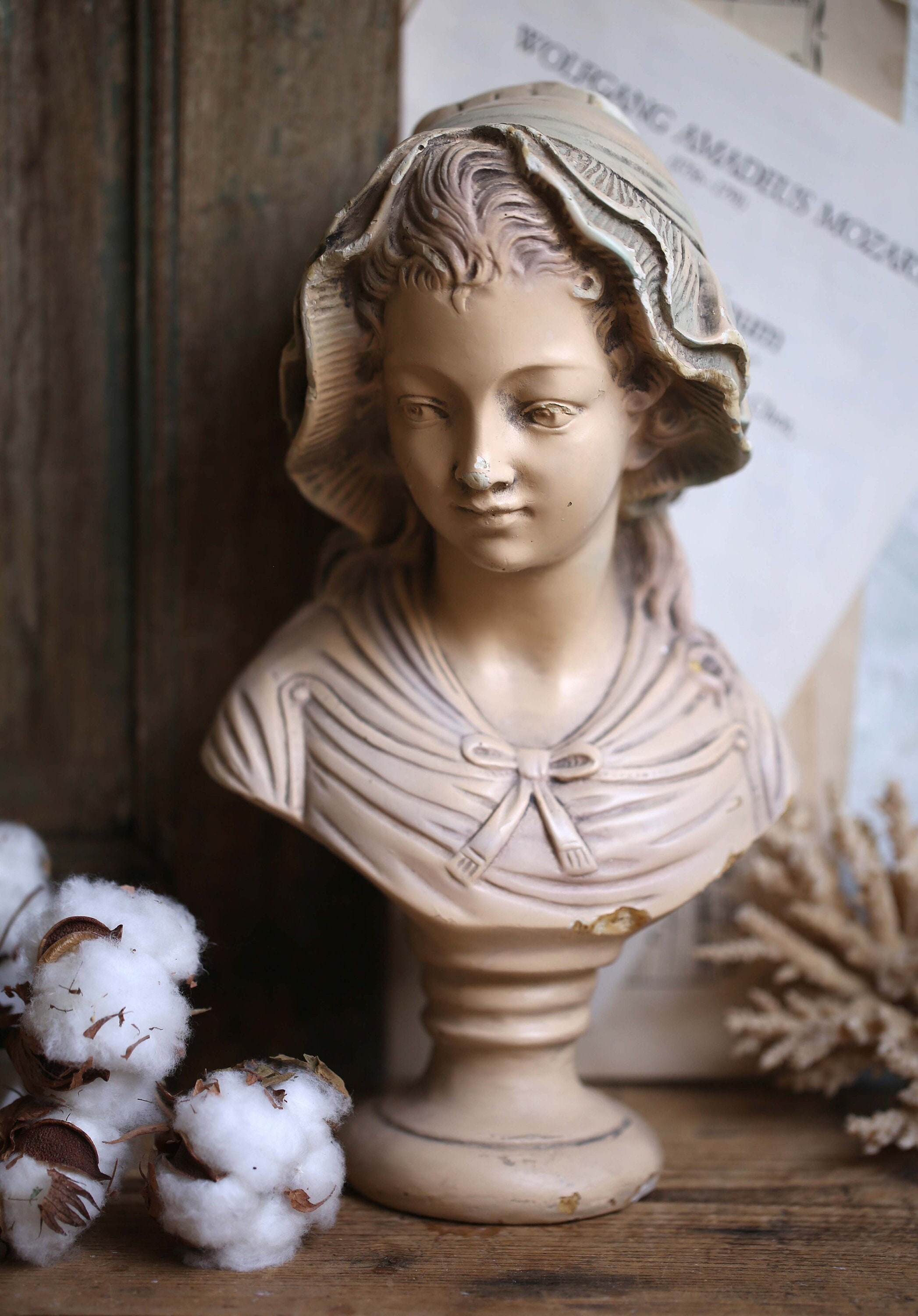 Vintage French Bust Statue Young Girl Romantic Style Plaster