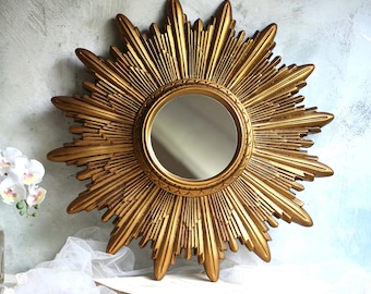 Large Antique French Gold Sunburst Mirror Plaster Sun Burst Star