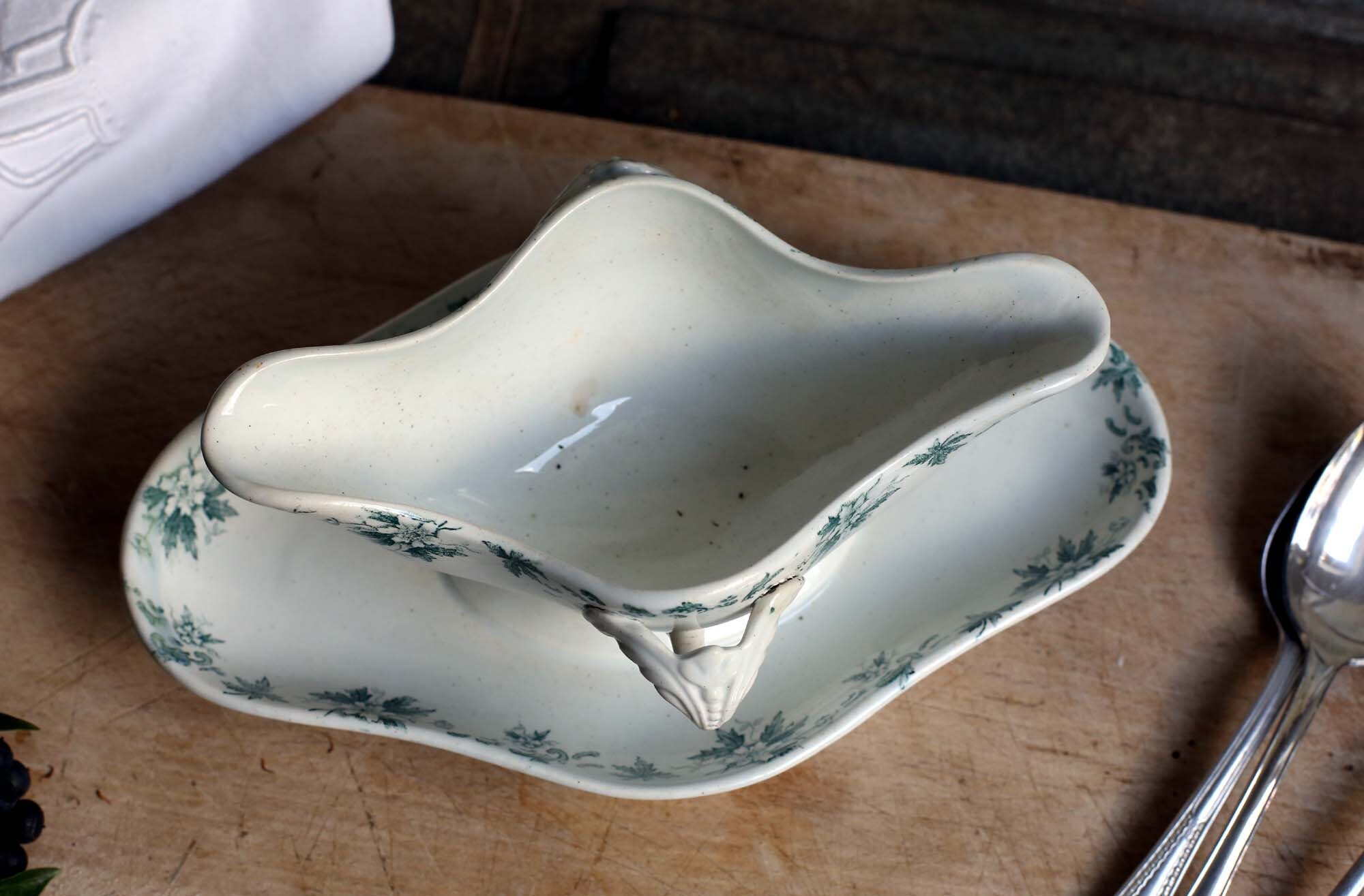 Antique French Ironstone Green Transferware Gravy Boat Sauce Etsy