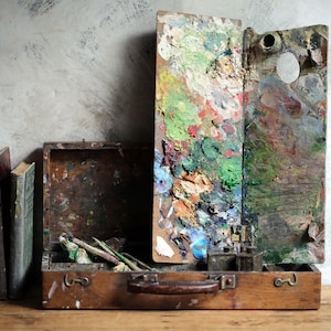 Antique French Artist's Case with Pallet Oil Paints Brushes Wooden Artists Tool Chest Art Box