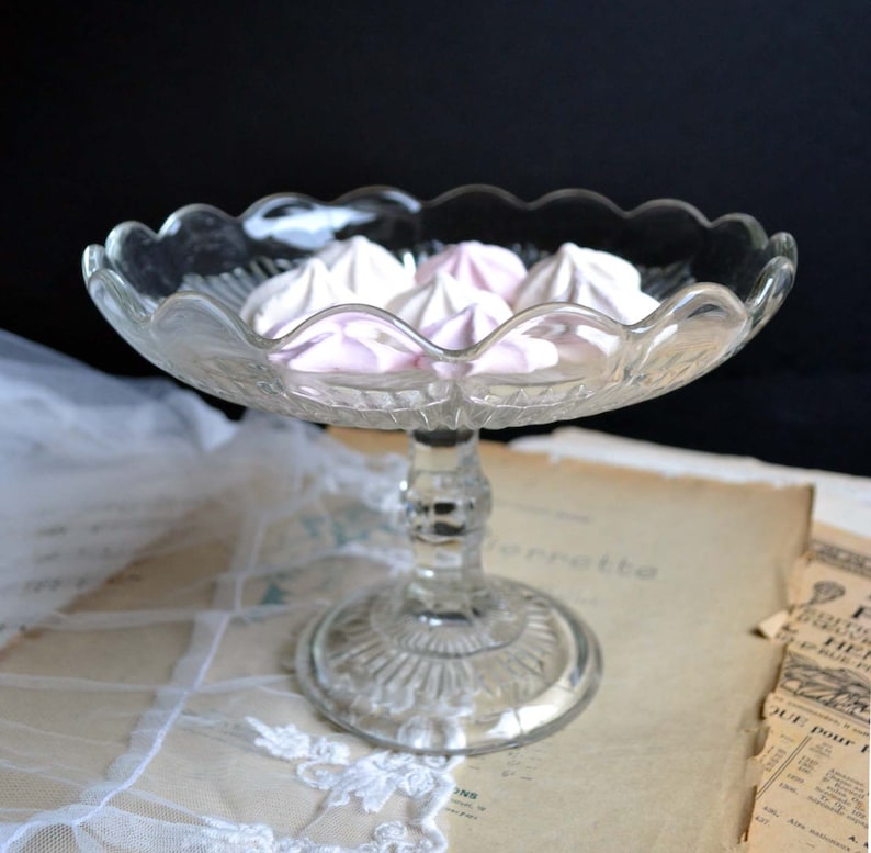 Vintage Pedestal Cake Stand Plate Molded Pressed Glass Dessert Compote Candy Display