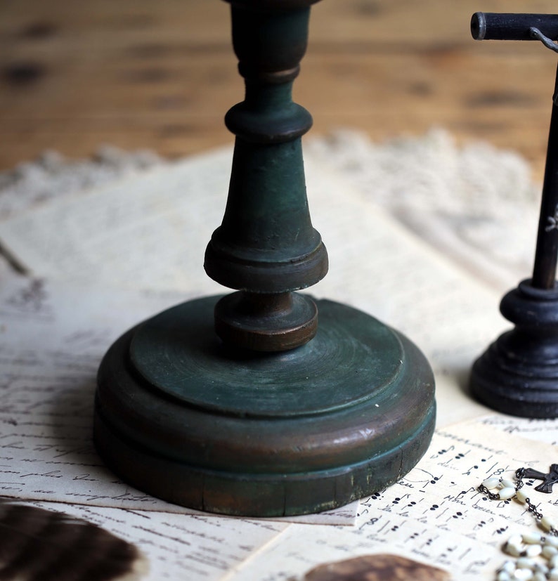 Antique Candlestick Large Green Painted Carved Wooden French Church Alter Candle Holder image 4