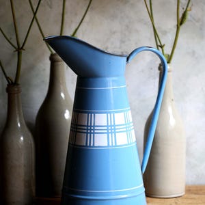 Large Antique Blue & White Check Enamel Pitcher French Metal Jug Art Deco Lustucru