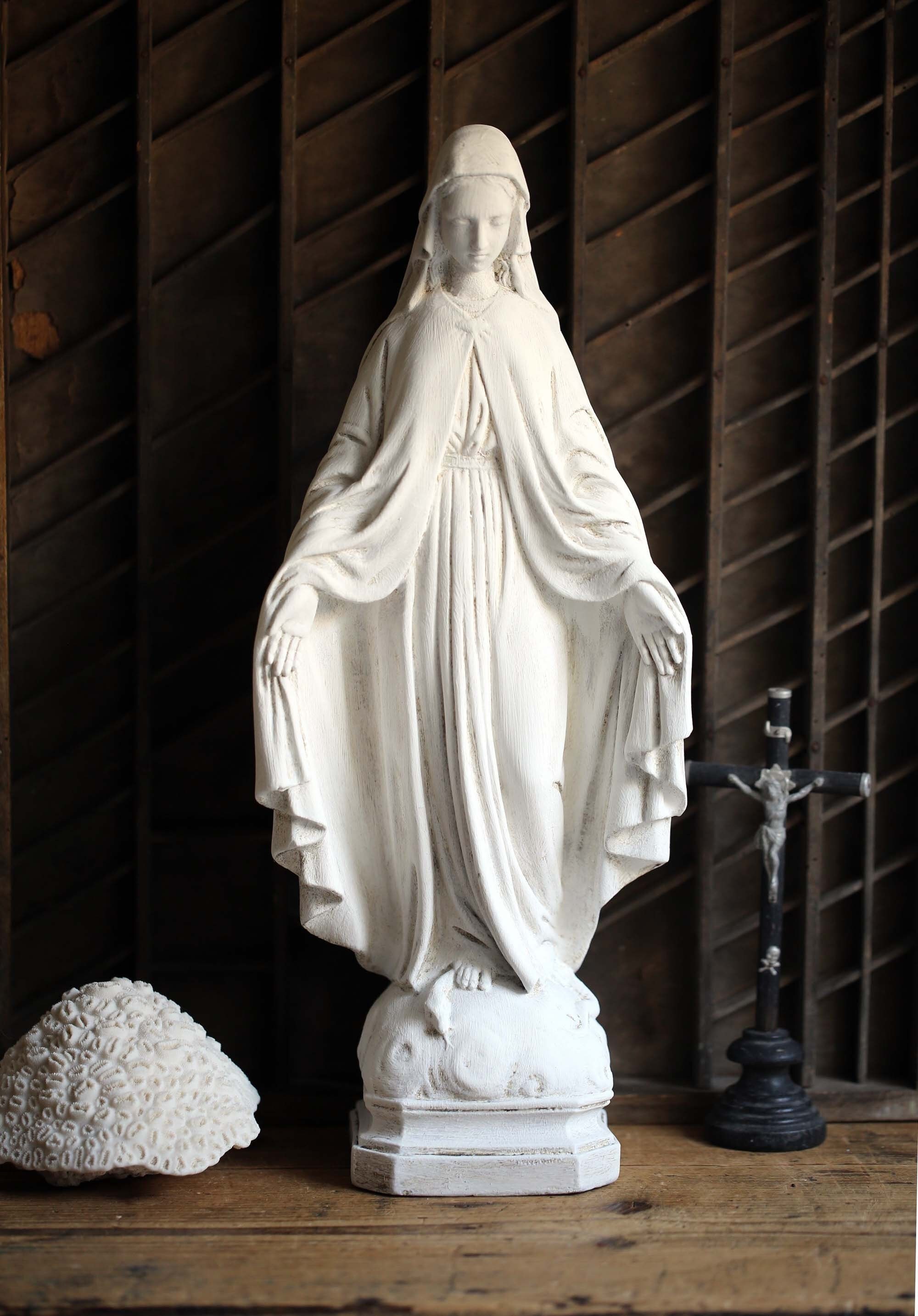 Grande Antique Français Craie Miraculeuse Vierge Marie Statue Madonna Pieraccini