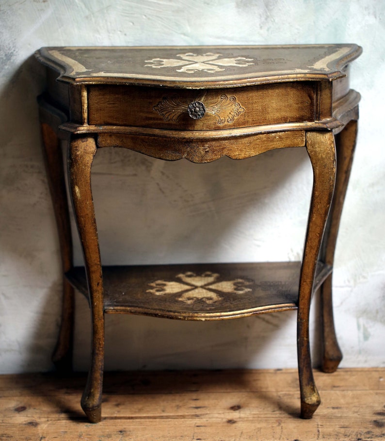 Florentine Console Nightstand/Dresser Wooden Bedside Cabinet Italian Vintage White & Gold image 6