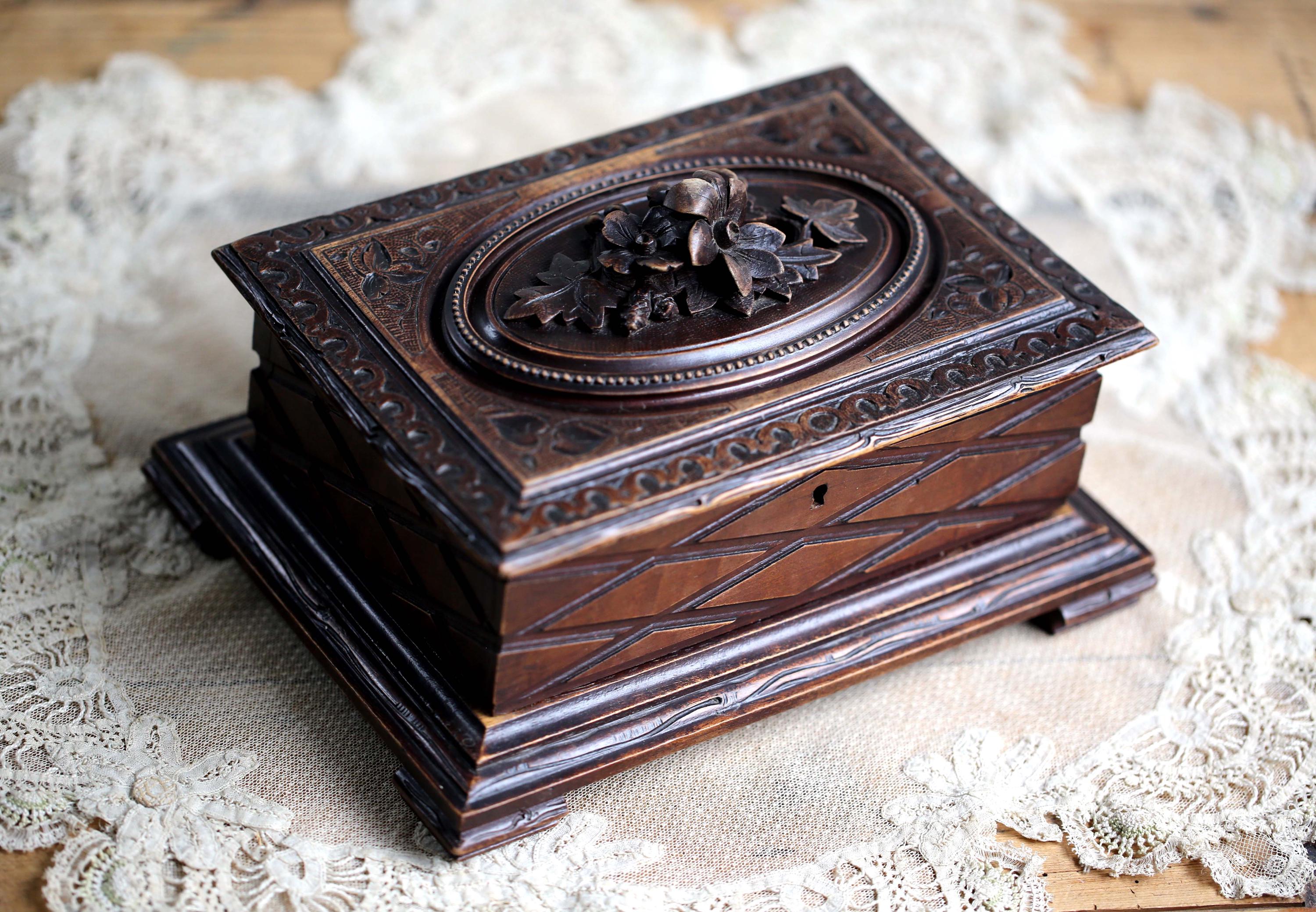 Antique Black Forest Box Carved Jewelry Box With Roses Grand Tour