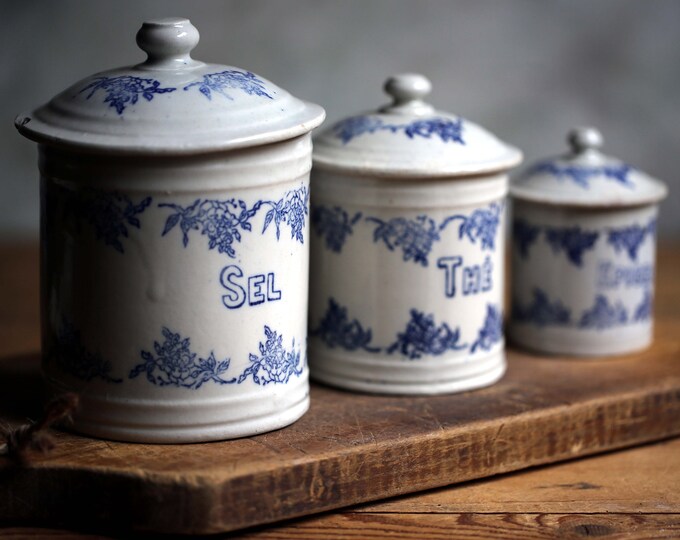 Set of 3 Antique French Canisters Blue Stencilware Kitchen Etsy
