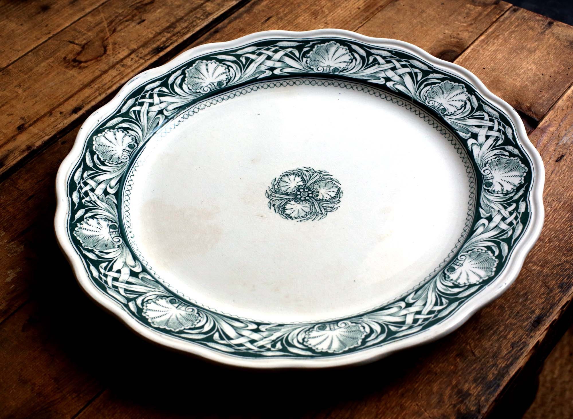Énorme Plaque Anglaise Antique Ironstone Green Transferware Grand Plateau de Service Brown Westhead 
