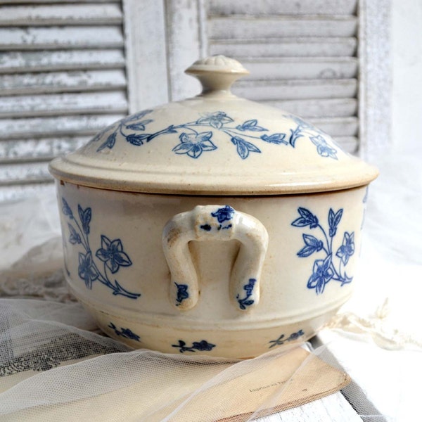 Large Antique French Saint Vallier / Saint Uze Tureen Blue & White Ironstone Vintage Serving Dish REVOL