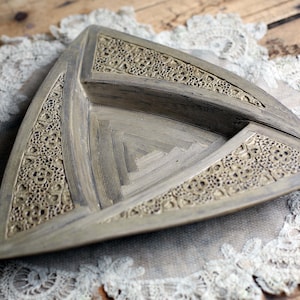 Arts & Crafts Ceramic Dish Antique Stamped Floral Triangle Plate Art Nouveau Fruit Bowl