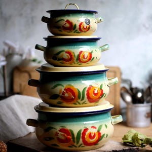 Set of 4 Antique Enamel Tureens French Floral Enamelware Casserole Pans Art Deco Cooking Pots