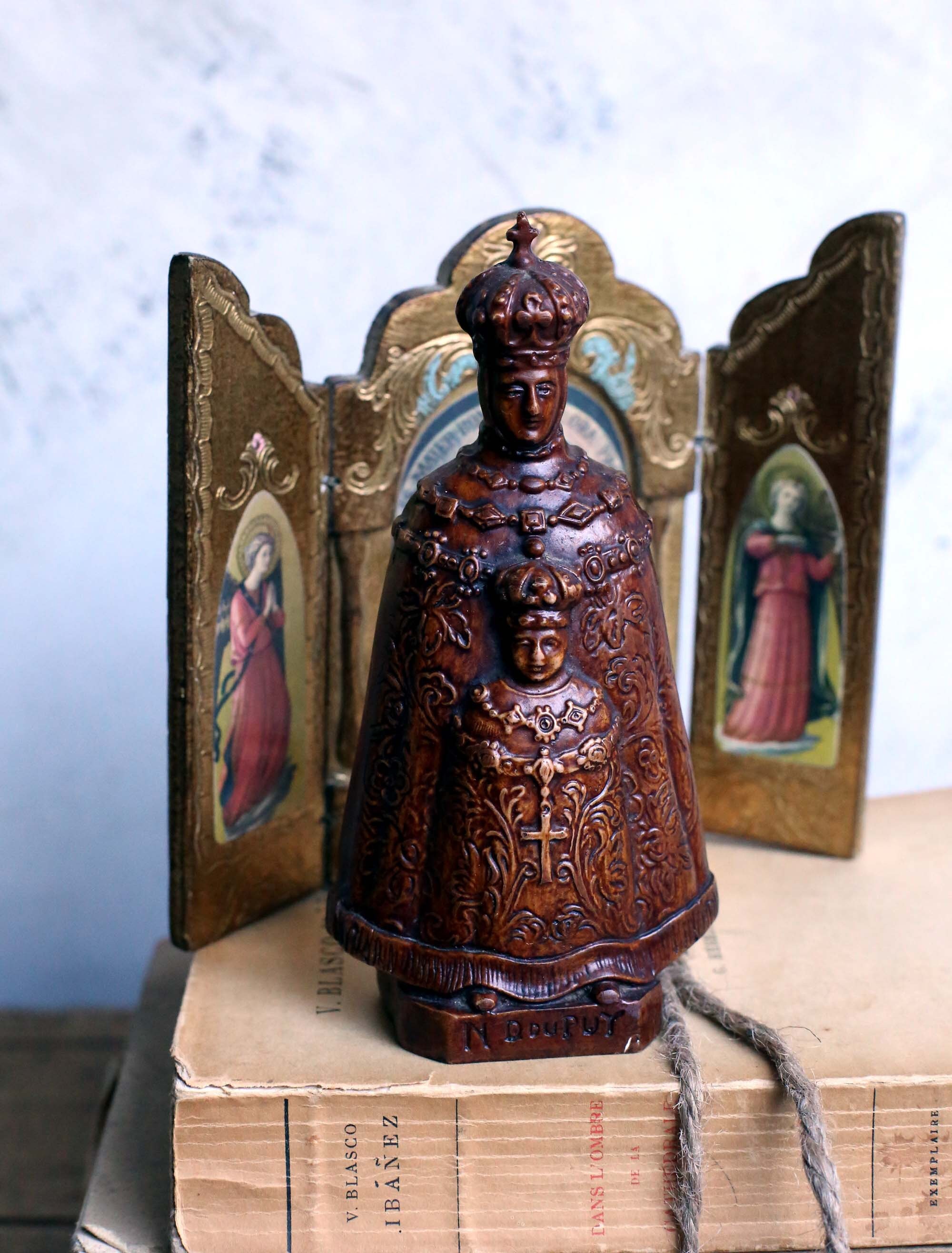 Français Antique Couronne Vierge Marie Figurine Enfant Statue Notre Dame Du Puy en Velay