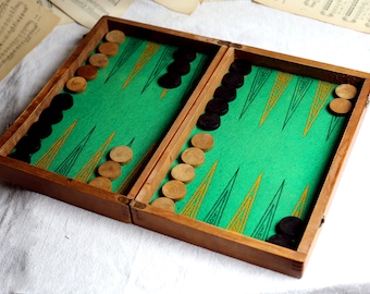 Antique French Backgammon Checkers Board Set Wooden Reversible Inlaid Box Checkerboard Game