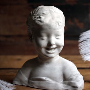 Large Antique Bust Laughing Child Plaster Statue of a Boy Desiderio da Settignano
