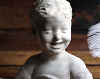 Large Antique Bust Laughing Child Plaster Statue of a Boy