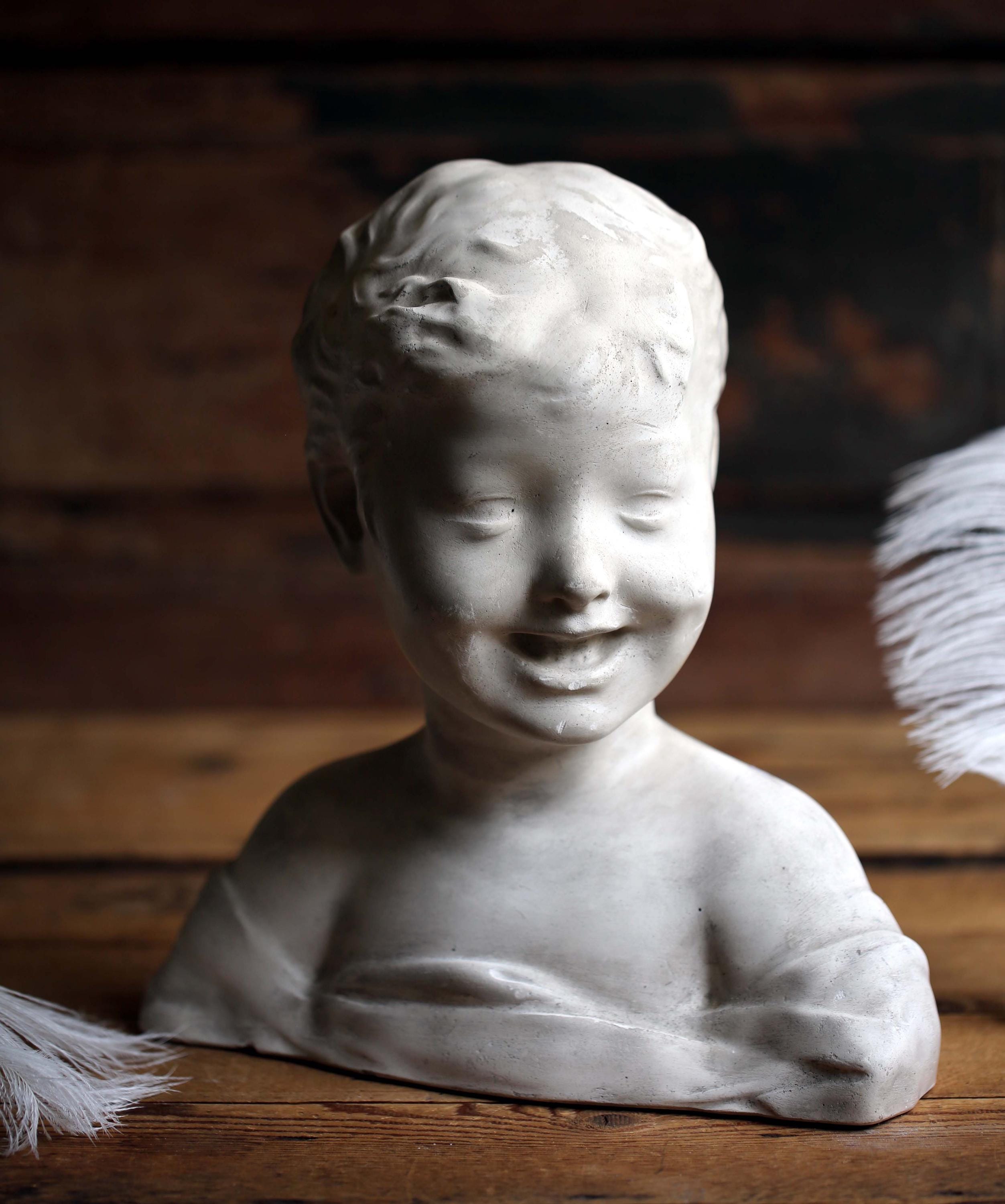 Large Antique Bust Laughing Child Plaster Statue of a Boy