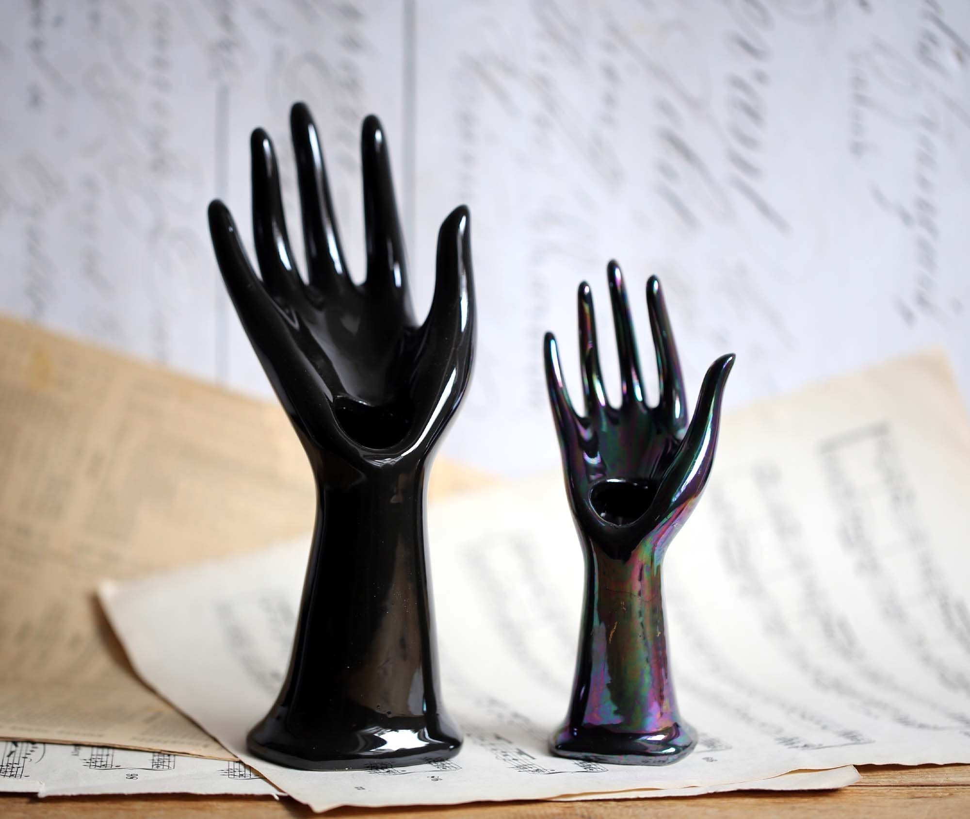 2 Vintage Français Black Ceramic Hands Bud Vases Statue Ring Display Figurine
