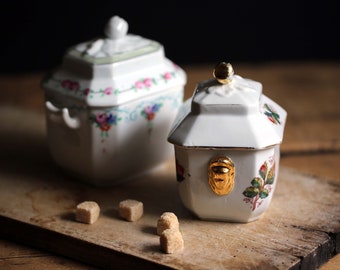 2 Antique Sugar Pots White Ironstone Bowls Lidded Boxes French Floral Storage Canisters