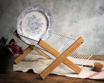 Vintage Französisch Falten Abtropffläche Holz & Weiß Draht Teller Rack Display Ständer Bauernhaus Küche