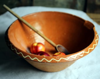 Large Antique Jatte Provencal Glazed Terracotta Confit Bowl French Vintage Mixing Dough Bowl