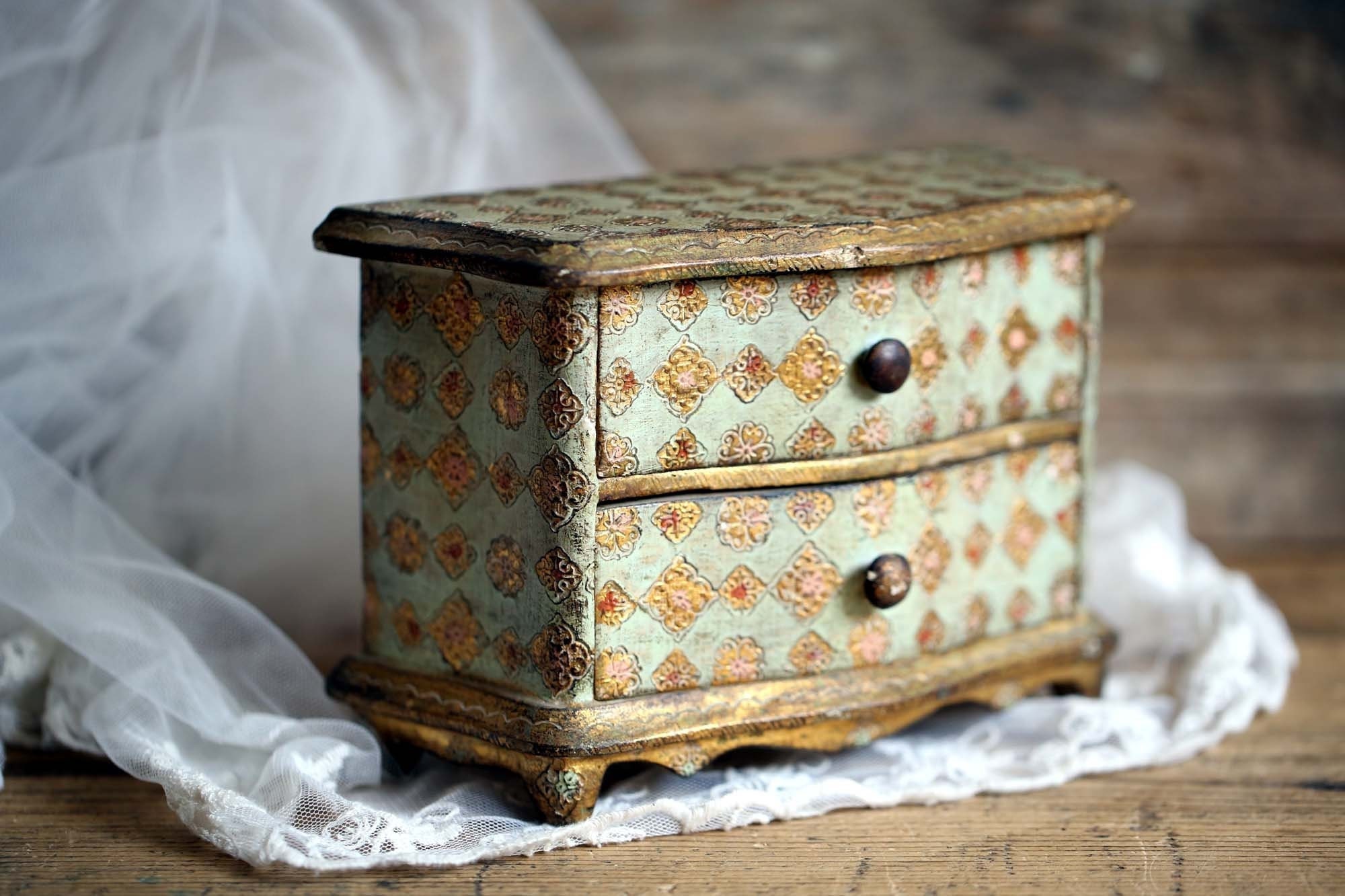 Antique Florentine Trinket Box Bleu & Or Miniature Commode de Rangement Boîte à Bijoux