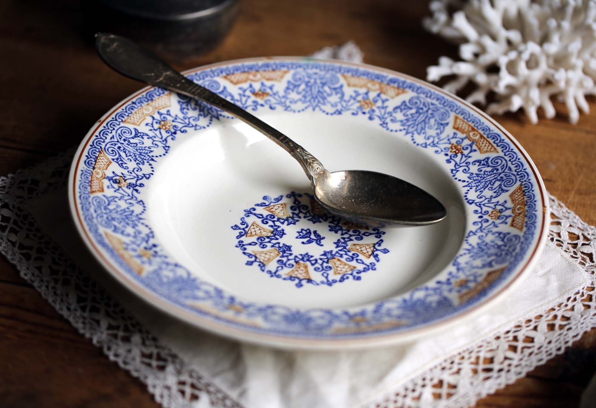 Français Plat Antique Bleu Terre de Fer Transferware Bowl Longwy Rouennais