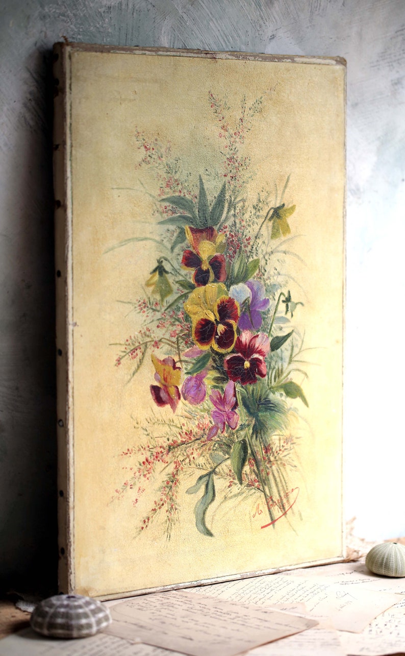 Original Français peinture à l'huile par M Carriere Art floral antique nature morte pensées image 8