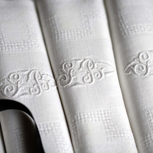 Set of 4 Antique French Serviettes Large White Monogrammed Hand Embroidered Linen Table Napkins Monogram GB image 4