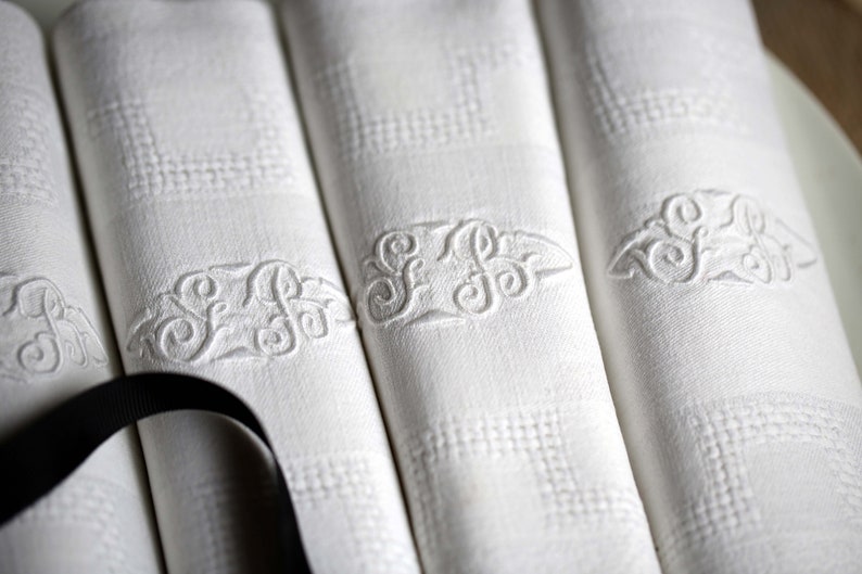 Set of 4 Antique French Serviettes Large White Monogrammed Hand Embroidered Linen Table Napkins Monogram GB image 4