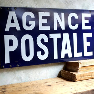 Antiek Frans emaille postkantoorbord: Agence Postale, blauw en wit